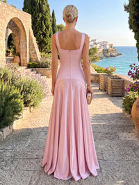 Satin A-Line/Princess Square Neck Floor-Length Formal Dresses with Pleats