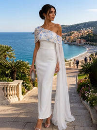 Stretch Jersey Sheath/Column Off Shoulder Floor-Length Formal Dresses with 3D Flowers