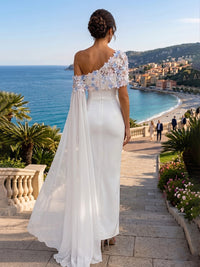 Stretch Jersey Sheath/Column Off Shoulder Floor-Length Formal Dresses with 3D Flowers