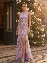 Floral Embroidery Sheath/Column Halter Floor-Length Formal Dresses with Slit