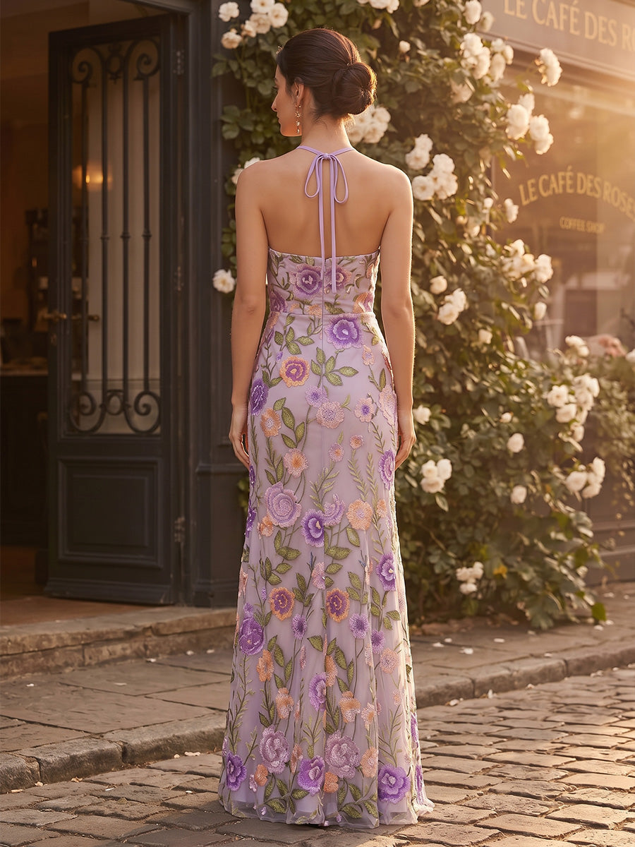 Floral Embroidery Sheath/Column Halter Floor-Length Formal Dresses with Slit