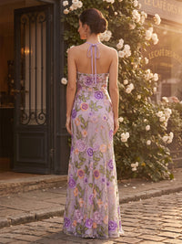 Floral Embroidery Sheath/Column Halter Floor-Length Formal Dresses with Slit