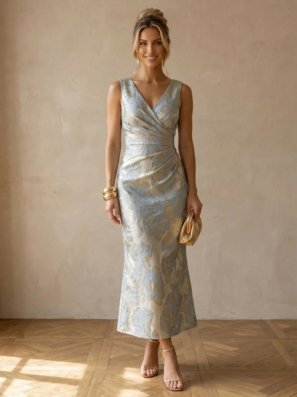 Sheath/Column Jacquard Satin V-Neck Tea-Length Formal Dresses with Ruched Waist