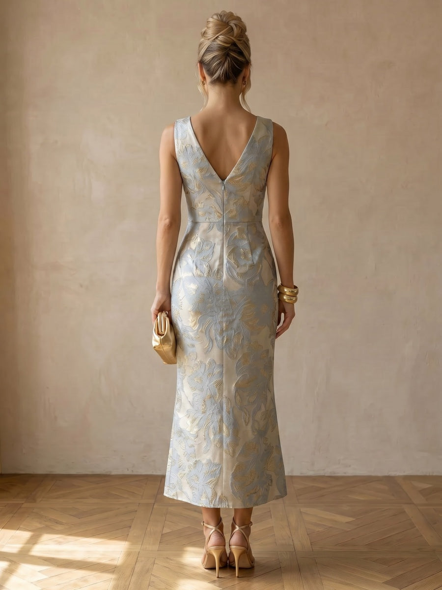 Sheath/Column Jacquard Satin V-Neck Tea-Length Formal Dresses with Ruched Waist