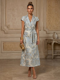Jacquard Satin Sheath/Column Tea-Length V-Neck Formal Dresses with Belt