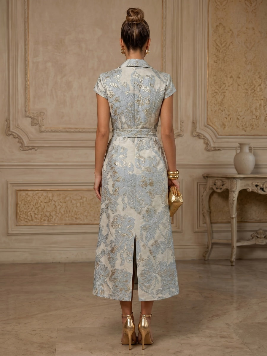 Jacquard Satin Sheath/Column Tea-Length V-Neck Formal Dresses with Belt