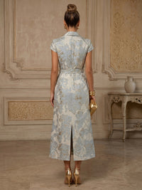 Jacquard Satin Sheath/Column Tea-Length V-Neck Formal Dresses with Belt
