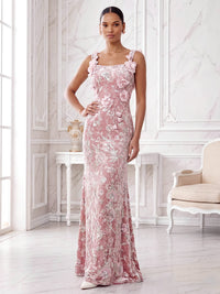 Sequin Floral Sheath/Column Square Neck Floor-Length Formal Dresses with 3D Flowers