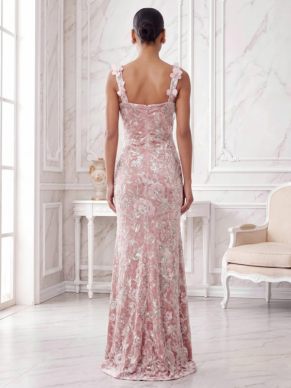 Sequin Floral Sheath/Column Square Neck Floor-Length Formal Dresses with 3D Flowers