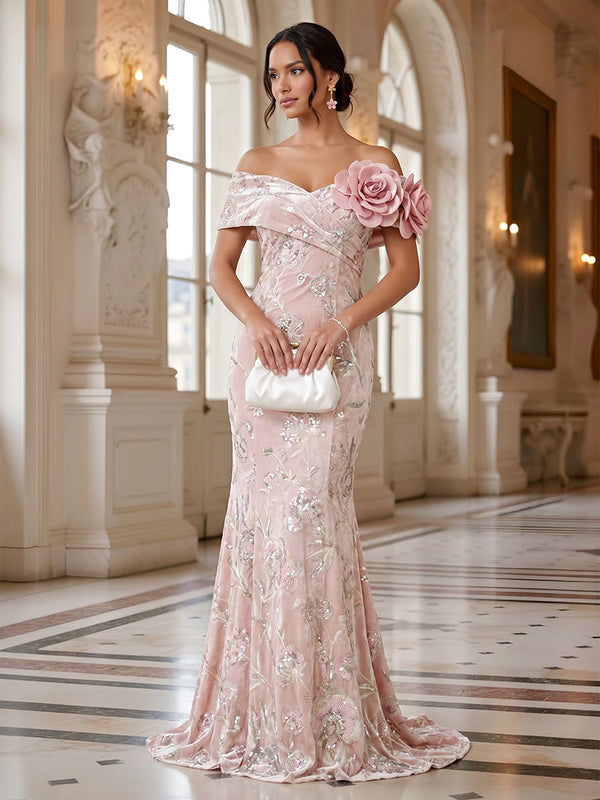 Sequin Floral Sheath/Column Off Shoulder Floor-Length Formal Dresses with 3D Flowers & Sweep Train