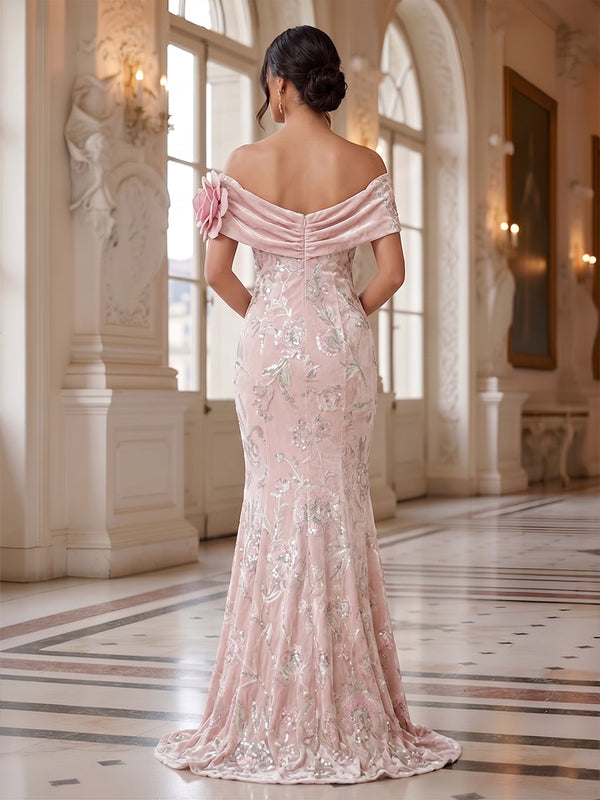 Sequin Floral Sheath/Column Off Shoulder Floor-Length Formal Dresses with 3D Flowers & Sweep Train