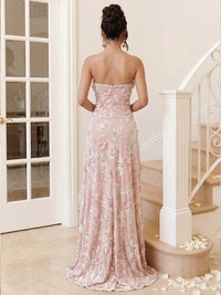 Sequin Floral A-Line/Princess Strapless Floor-Length Formal Dresses with 3D Flowers & Slit