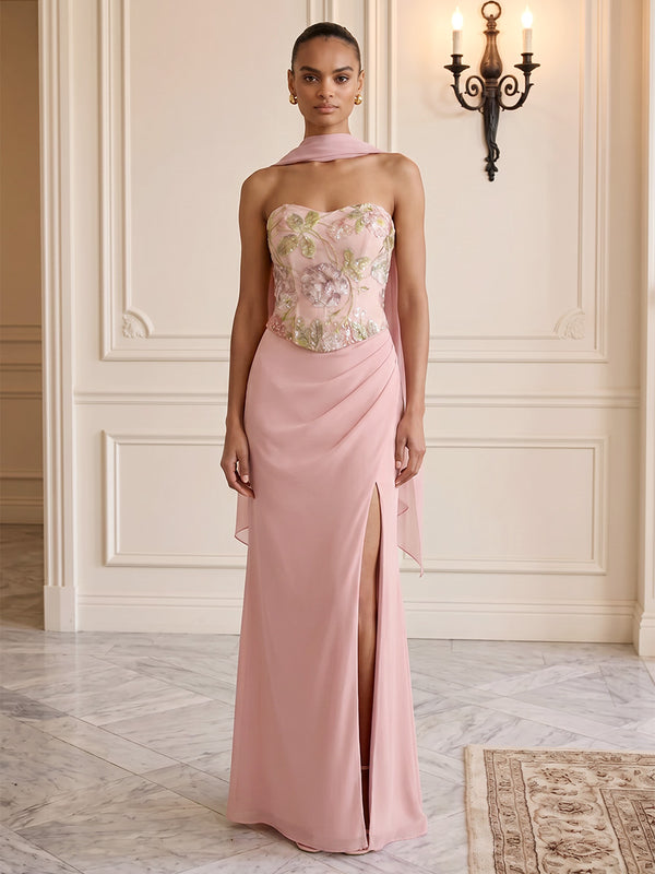 Chiffon Sheath/Column Strapless Floor-Length Formal Dresses with Sequin Floral Bodice & Slit