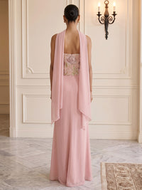 Chiffon Sheath/Column Strapless Floor-Length Formal Dresses with Sequin Floral Bodice & Slit
