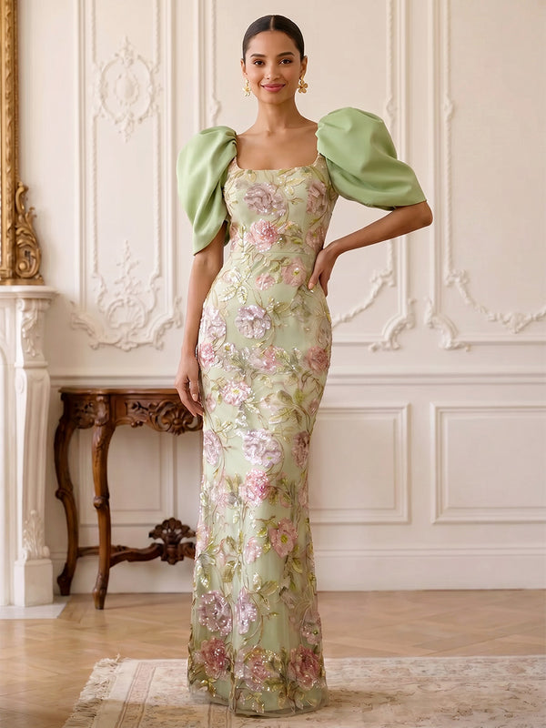 Sequin Floral Sheath/Column Square Neck Floor-Length Formal Dresses for Women
