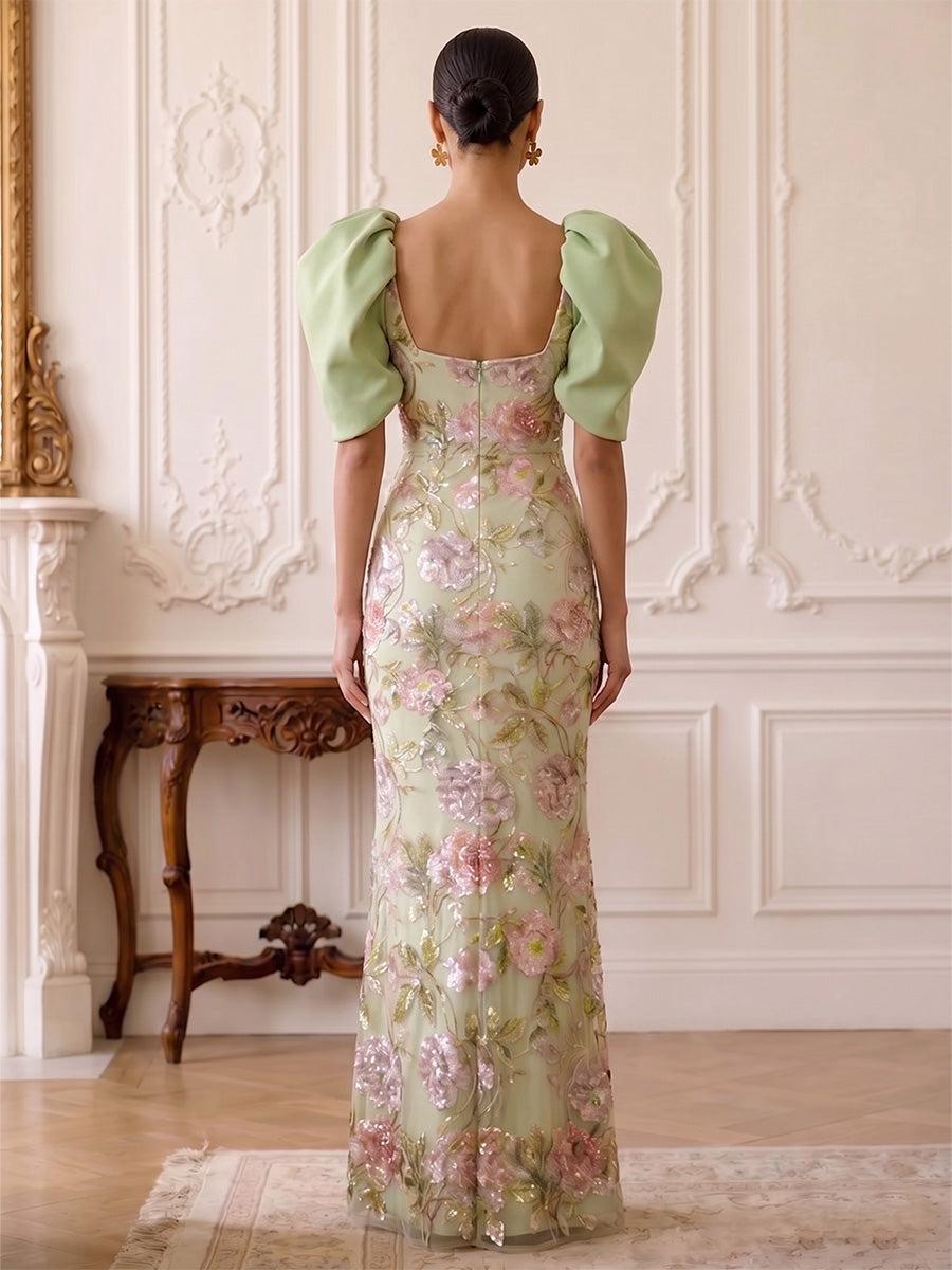 Sequin Floral Sheath/Column Square Neck Floor-Length Formal Dresses for Women