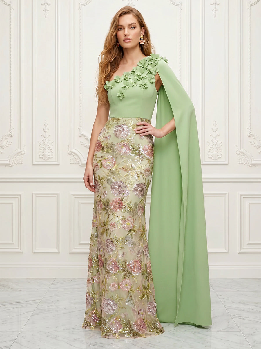 Sequin Floral Sheath/Column One Shoulder Floor-Length Formal Dresses with 3D Flowers
