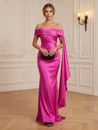 Satin Sheath/Column Off Shoulder Floor-Length Formal Dresses with Ruched Waist & Sweep Train