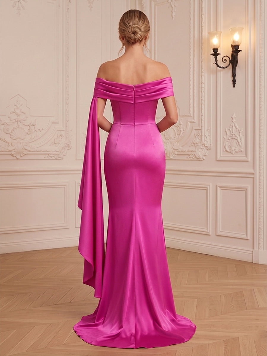 Satin Sheath/Column Off Shoulder Floor-Length Formal Dresses with Ruched Waist & Sweep Train