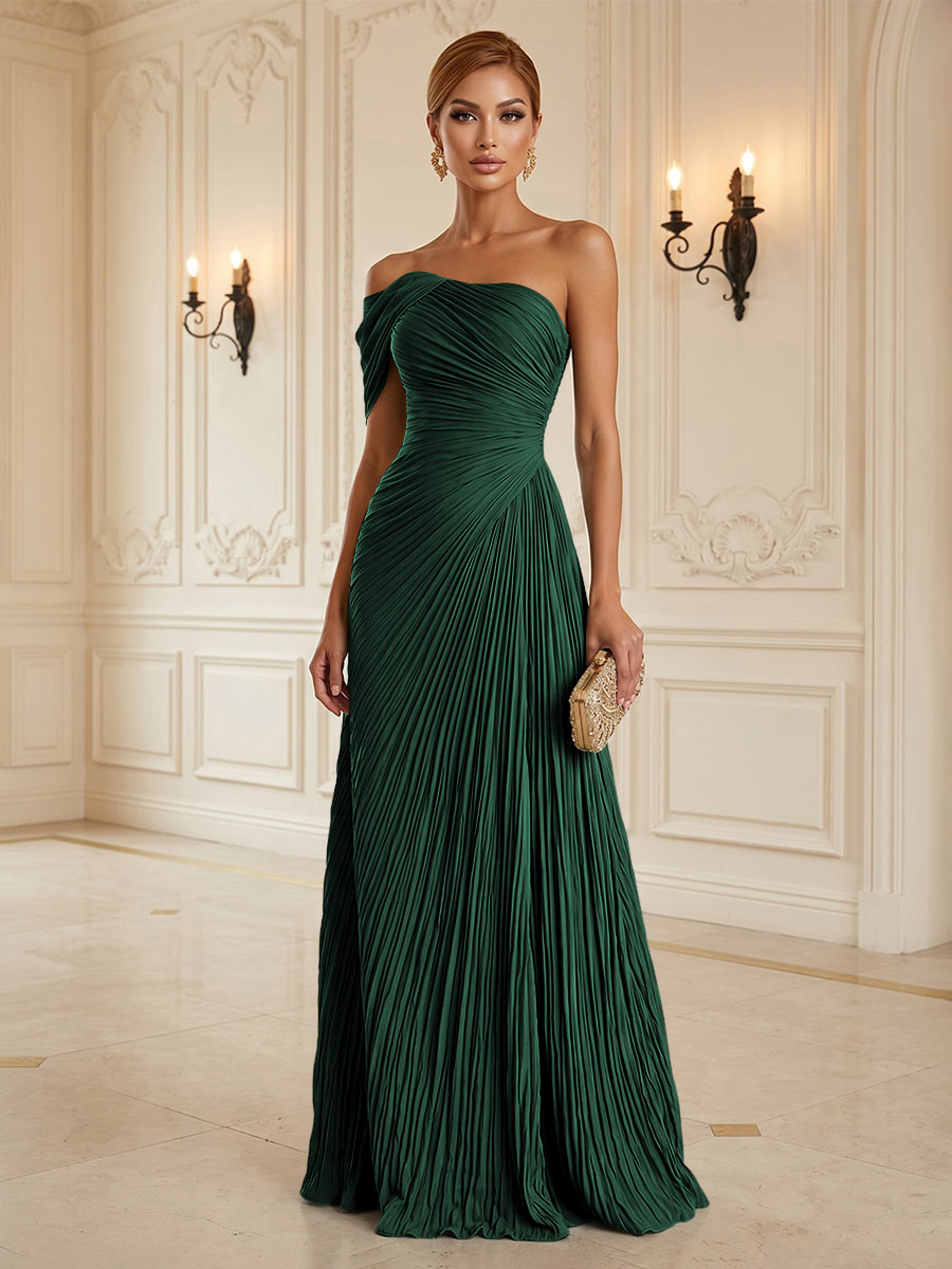 Chiffon A-Line/Princess One Shoulder Floor-Length Formal Dresses with Pleats