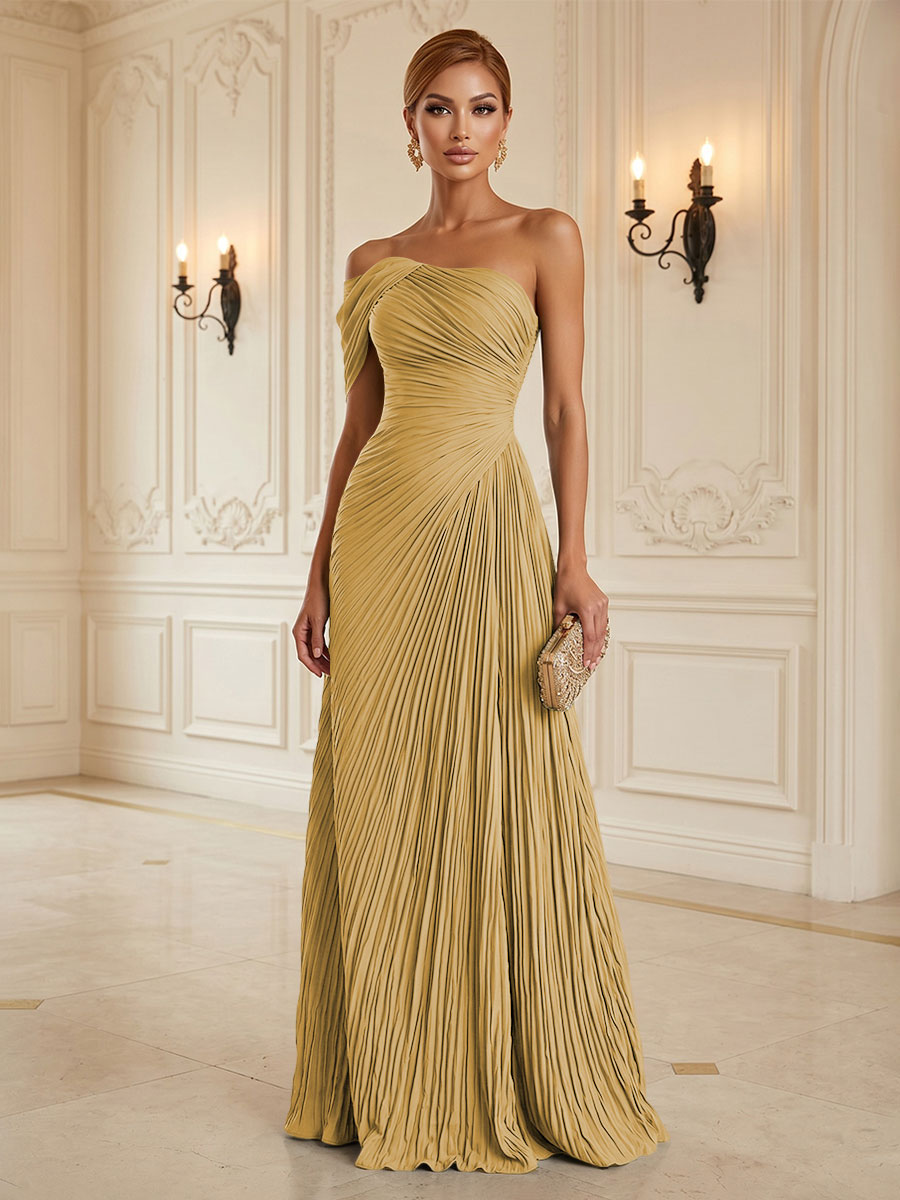 Chiffon A-Line/Princess One Shoulder Floor-Length Formal Dresses with Pleats