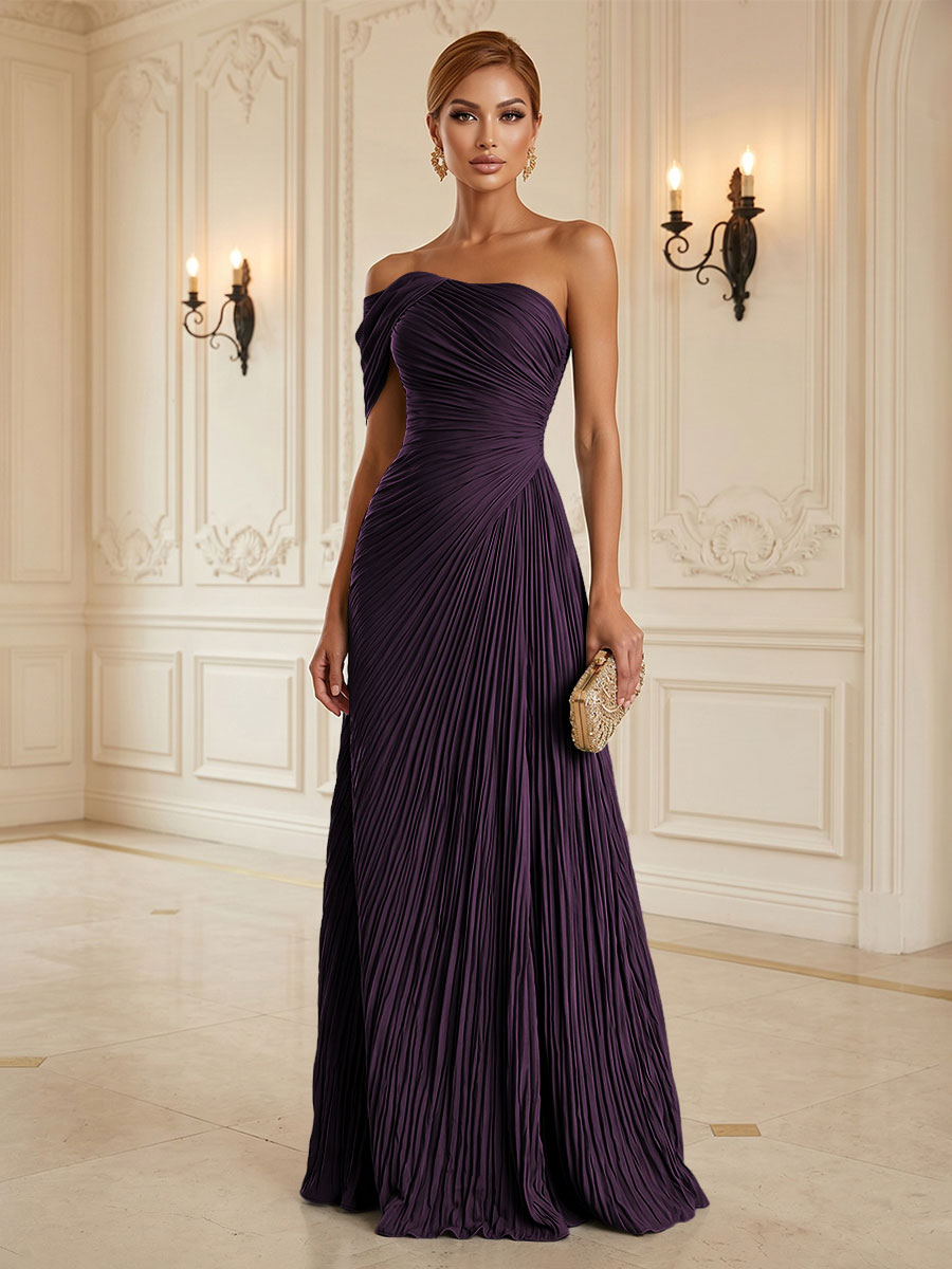 Chiffon A-Line/Princess One Shoulder Floor-Length Formal Dresses with Pleats