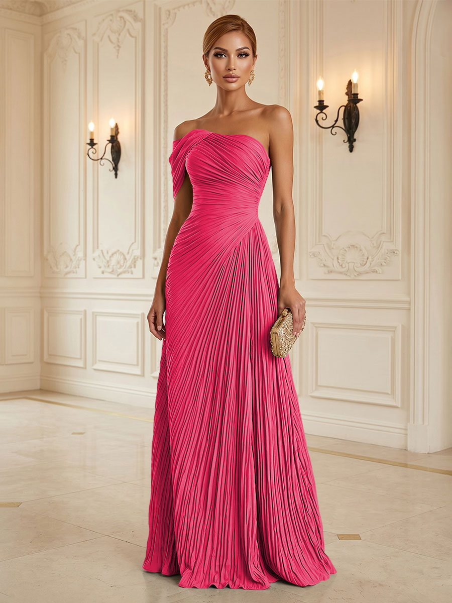 Chiffon A-Line/Princess One Shoulder Floor-Length Formal Dresses with Pleats