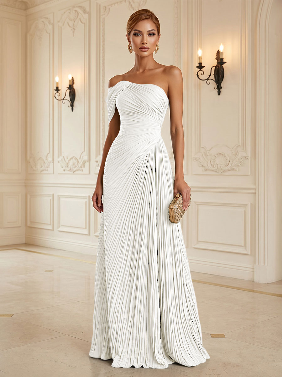 Chiffon A-Line/Princess One Shoulder Floor-Length Formal Dresses with Pleats