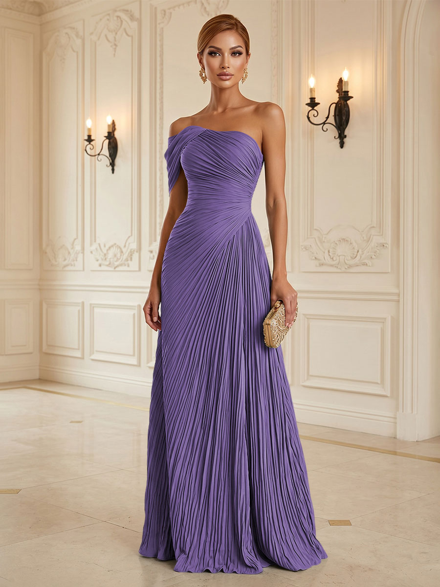 Chiffon A-Line/Princess One Shoulder Floor-Length Formal Dresses with Pleats