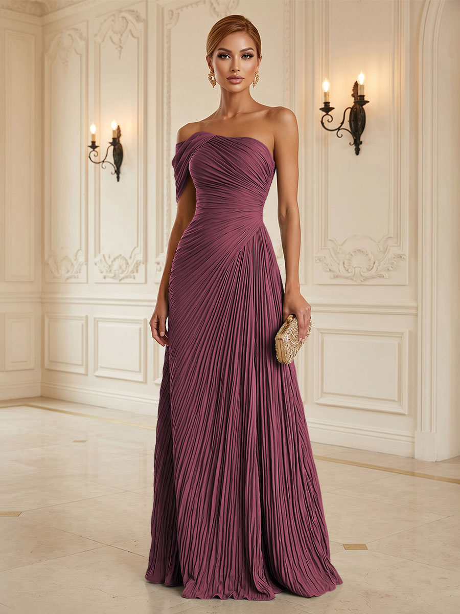 Chiffon A-Line/Princess One Shoulder Floor-Length Formal Dresses with Pleats