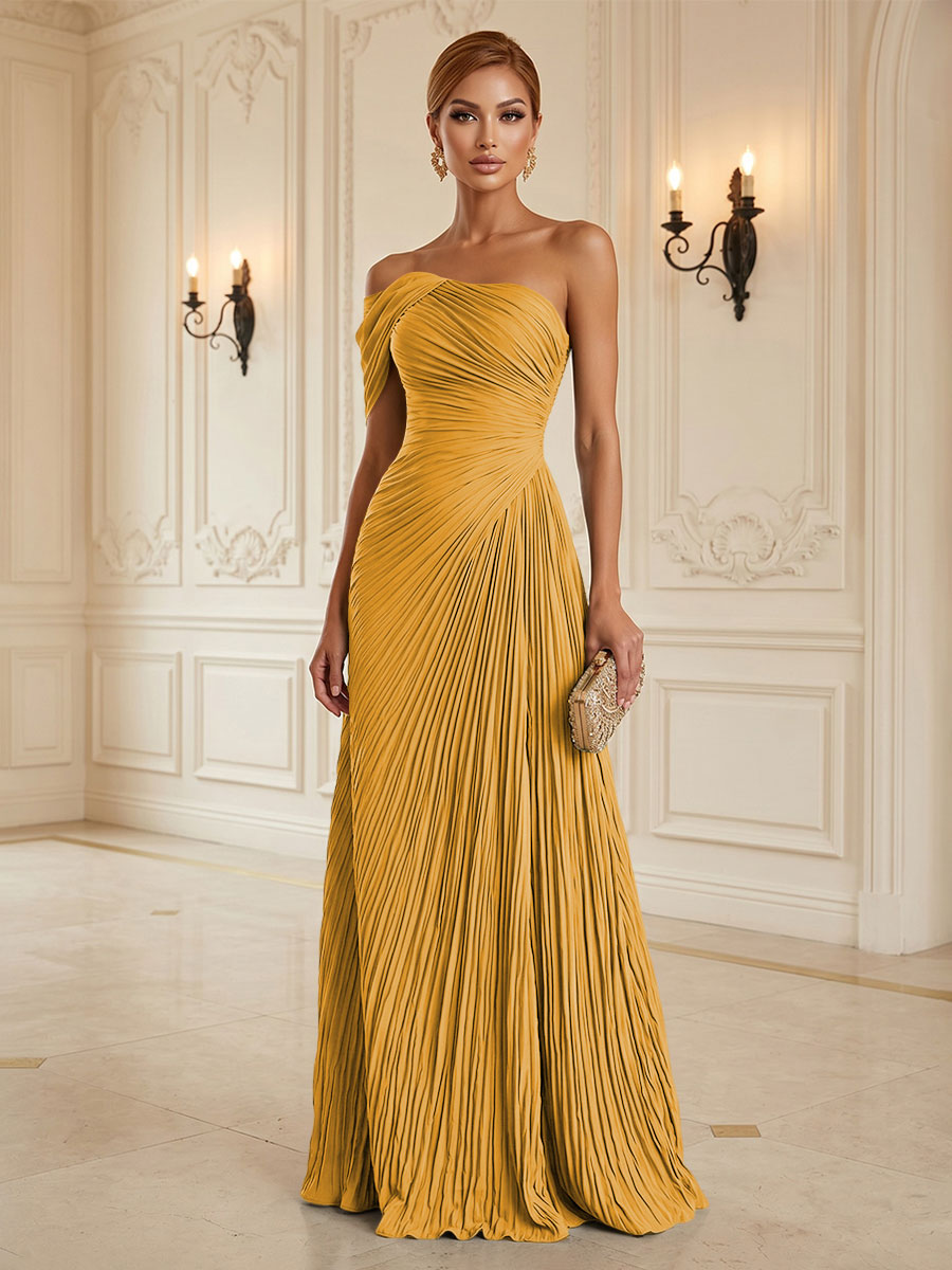 Chiffon A-Line/Princess One Shoulder Floor-Length Formal Dresses with Pleats