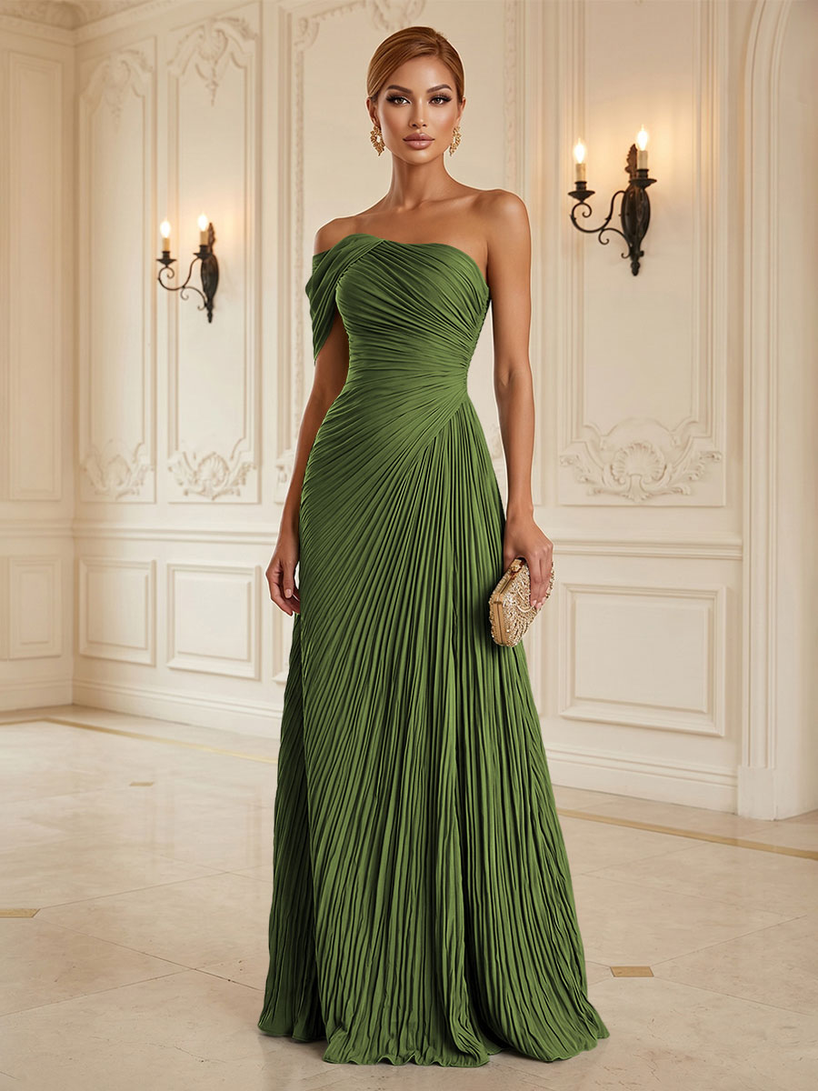 Chiffon A-Line/Princess One Shoulder Floor-Length Formal Dresses with Pleats