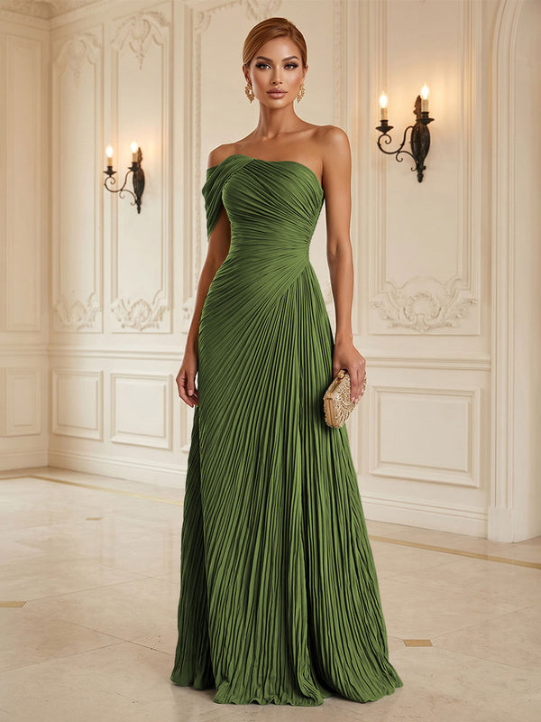 Chiffon A-Line/Princess One Shoulder Floor-Length Formal Dresses with Pleats