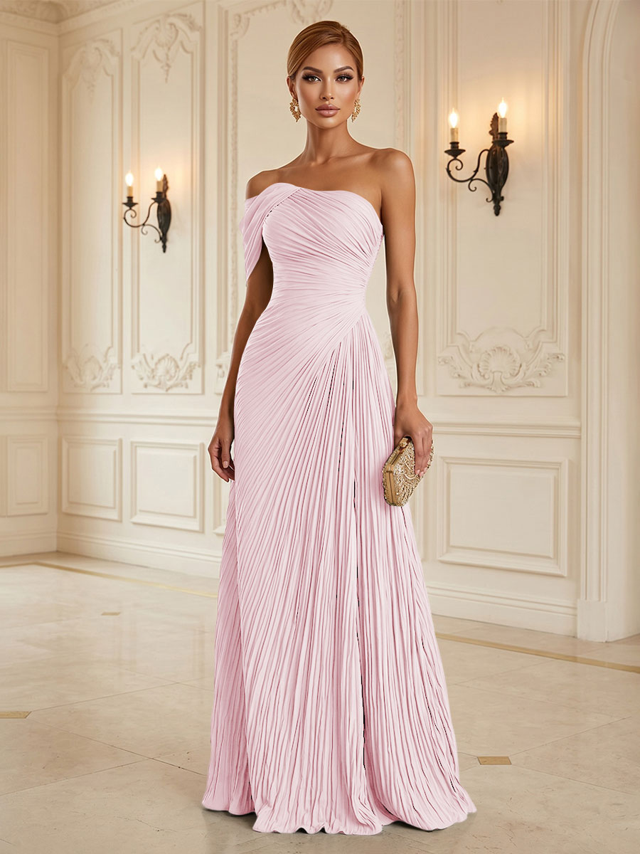 Chiffon A-Line/Princess One Shoulder Floor-Length Formal Dresses with Pleats