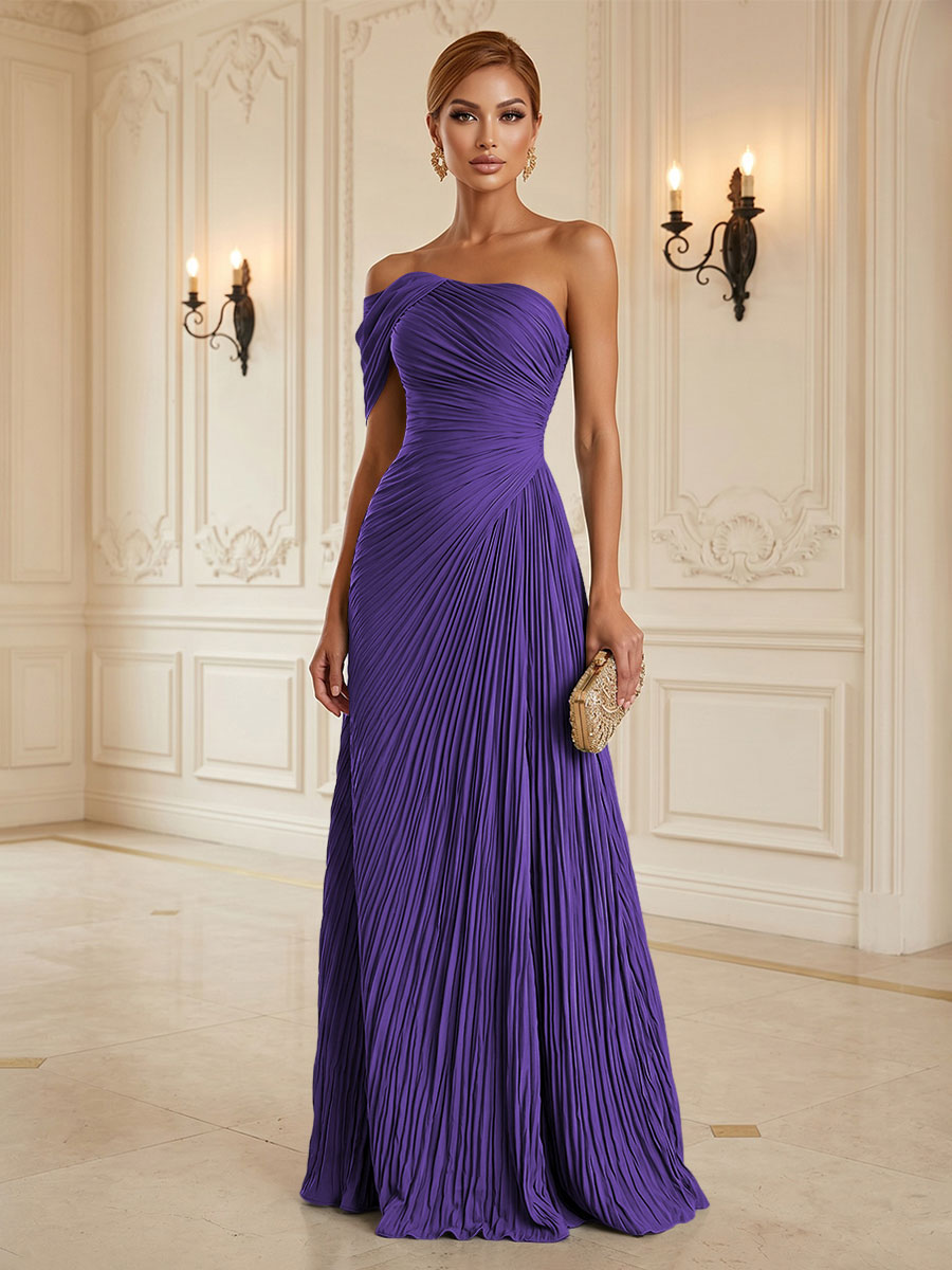 Chiffon A-Line/Princess One Shoulder Floor-Length Formal Dresses with Pleats