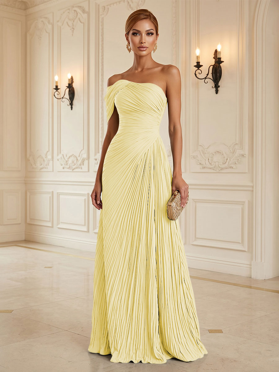 Chiffon A-Line/Princess One Shoulder Floor-Length Formal Dresses with Pleats