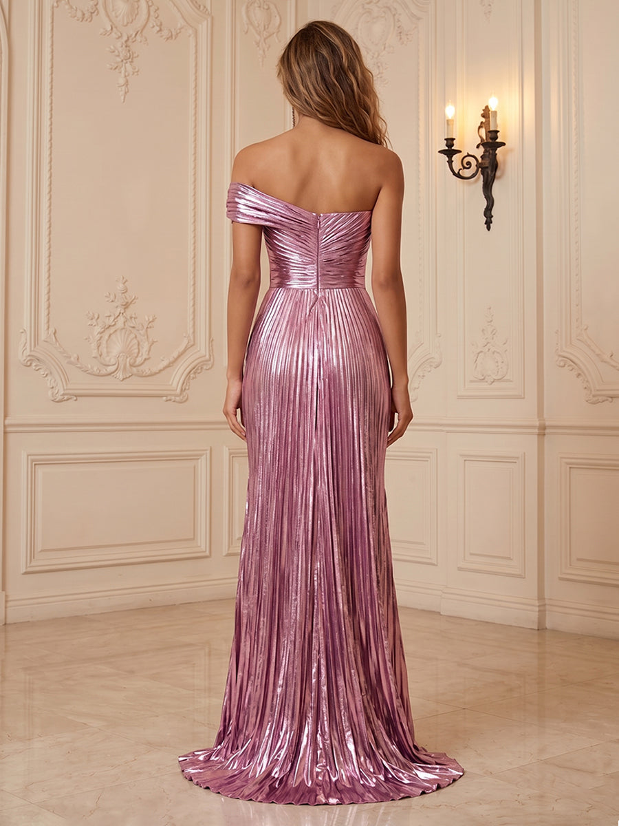 Metallic Satin Sheath/Column One Shoulder Floor-Length Formal Dresses with Pleats & Slit