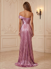 Metallic Satin Sheath/Column One Shoulder Floor-Length Formal Dresses with Pleats & Slit