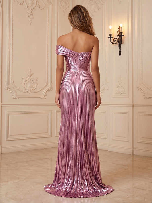 Metallic Satin Sheath/Column One Shoulder Floor-Length Formal Dresses with Pleats & Slit