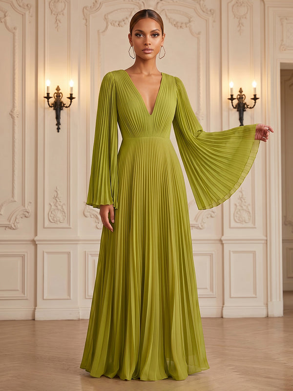 Chiffon A-Line/Princess V-Neck Floor-Length Formal Dresses with Pleats