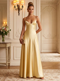 Satin A-Line/Princess Spaghetti Straps Floor-Length Formal Dresses with Pleats