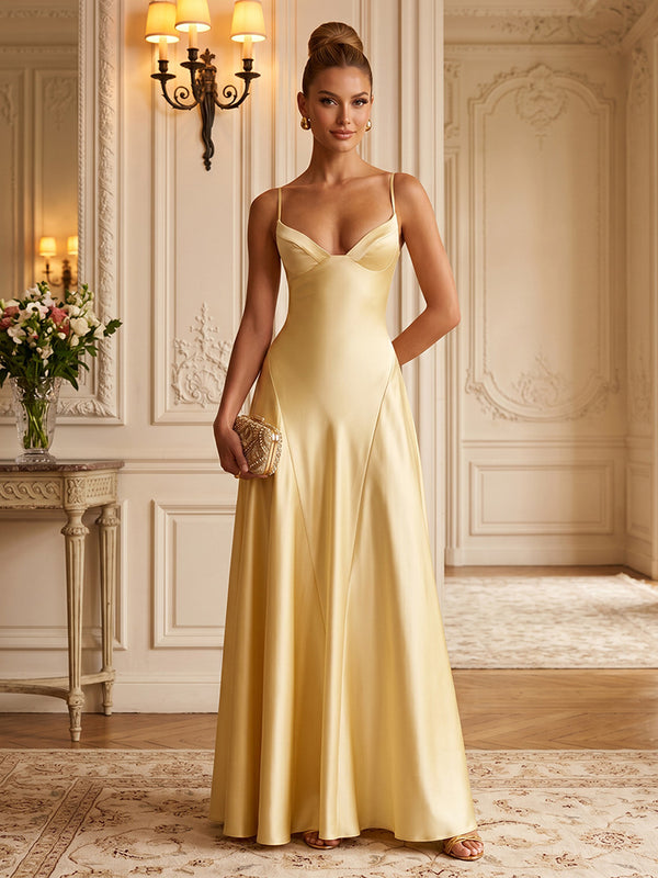 Satin A-Line/Princess Spaghetti Straps Floor-Length Formal Dresses with Pleats