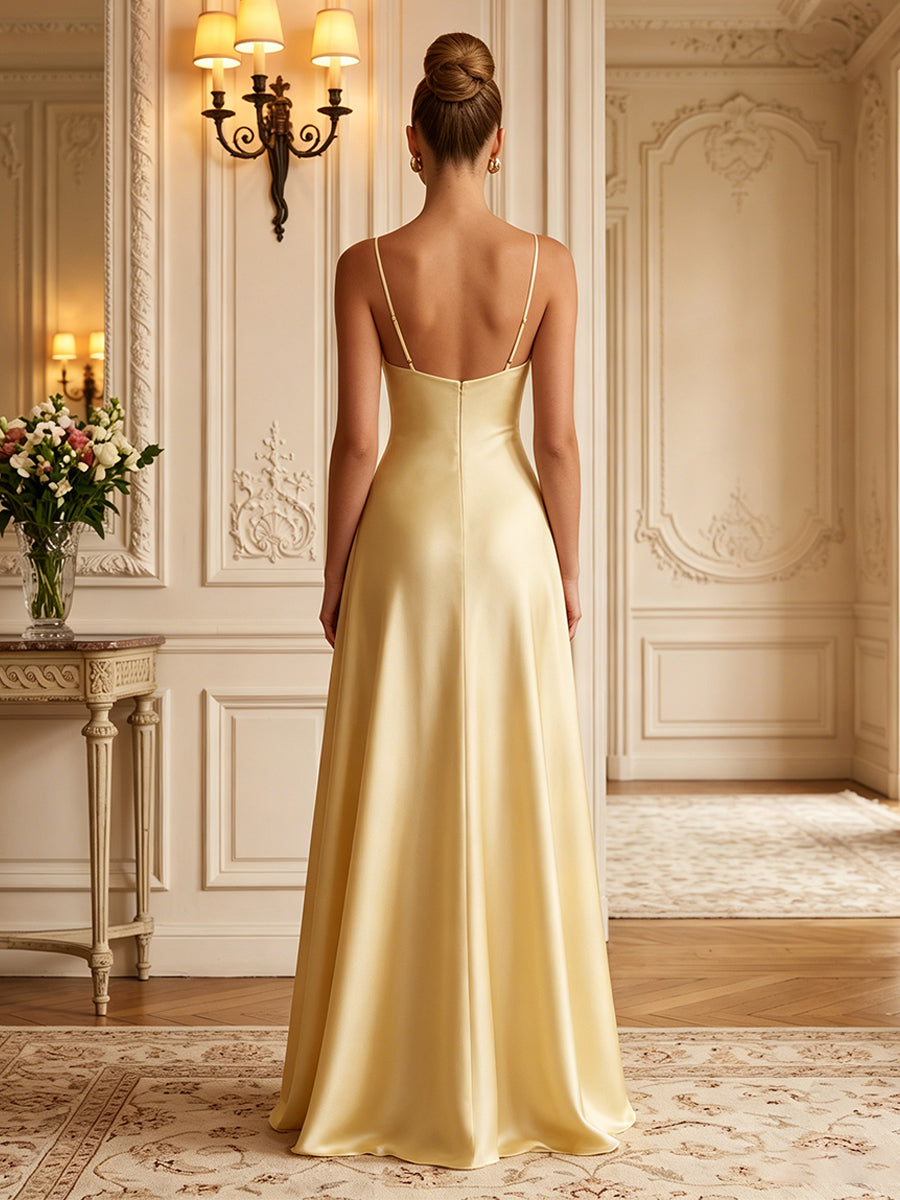 Satin A-Line/Princess Spaghetti Straps Floor-Length Formal Dresses with Pleats