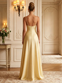 Satin A-Line/Princess Spaghetti Straps Floor-Length Formal Dresses with Pleats