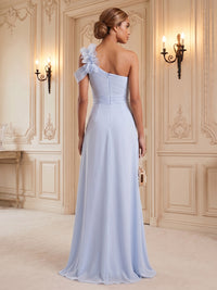 Chiffon A-Line/Princess One Shoulder Floor-Length Formal Dresses with Ruched Waist & Slit
