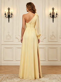Chiffon A-Line/Princess One Shoulder Floor-Length Formal Dresses with 3D Flowers & Slit