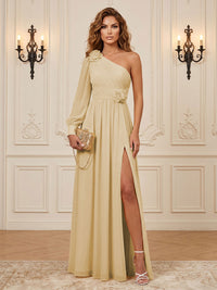 Chiffon A-Line/Princess One Shoulder Floor-Length Formal Dresses with 3D Flowers & Slit
