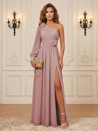 Chiffon A-Line/Princess One Shoulder Floor-Length Formal Dresses with 3D Flowers & Slit