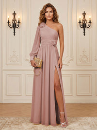 Chiffon A-Line/Princess One Shoulder Floor-Length Formal Dresses with 3D Flowers & Slit