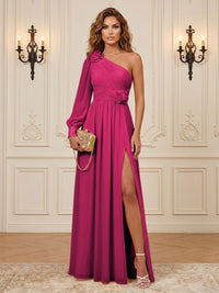 Chiffon A-Line/Princess One Shoulder Floor-Length Formal Dresses with 3D Flowers & Slit